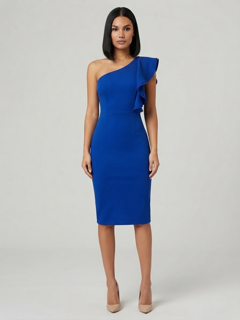 One-Shoulder Cobalt Ruffle Sheath Dress
